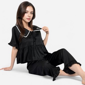 Anna-Kaci Lounge Women's Embroidered Collar Pajama Set with Ruffle Trim and Button-Up Top - 1 of 4
