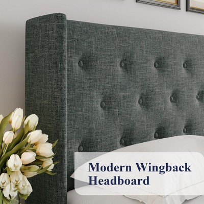 Allewie Queen Size Dark Grey Hydraulic Lift Storage Bed with Button Tufted Wingback Headboard