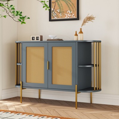 TiramisuBest 2-Door Elegant Curved Dining Cabinet with Gold Trim and Woven Rattan Doors for Dining Room