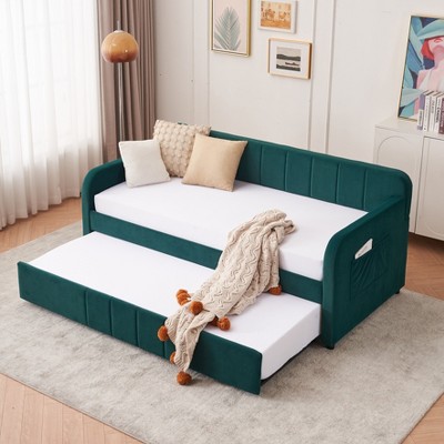 Velvet Daybed with Pop-up Trundle and USB Ports, Twin Size Upholstered Sofa Bed Frame with Side Storage Pockets, No Box Spring Needed
