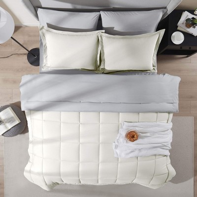 Queen Size Off White and Light Grey Reversible Microfiber Bedding Set