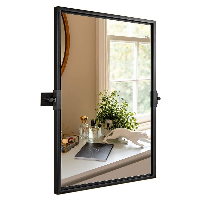 Moon Mirror 24 x 36 Inch Pivoted Rectangular Wall Mounted Vanity Mirror w/ New Zealand Pinewood Frame, No Distortion Glass, & Mounting Hardware, Black, 2 of 7