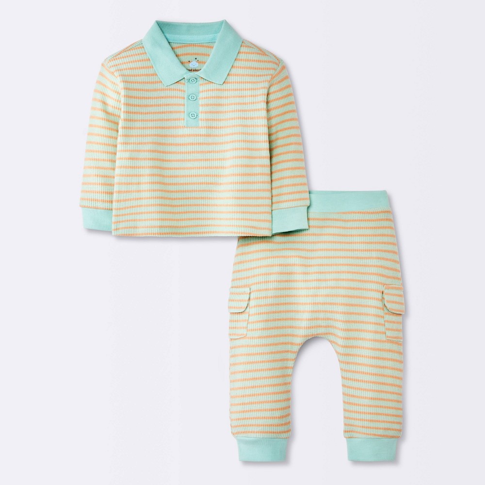Baby Boys' 2pc Striped Waffle Henley Long Sleeve Shirt and Cargo Pants Set - Cloud Island™ Green Newborn