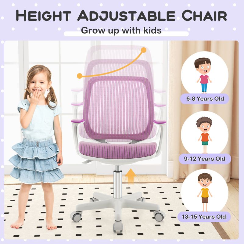 Tangkula Kids Desk Chair Ergonomic Children Study Chair with Breathable Mesh Back Armrests & Waterfall Edged Seat Blue/ Pink/ Purple, 5 of 8