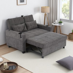 Futon Leather 3-in-1 Convertible Chair Bed with USB & Cup Holders, Anti-Scratch Sleeper - 1 of 4