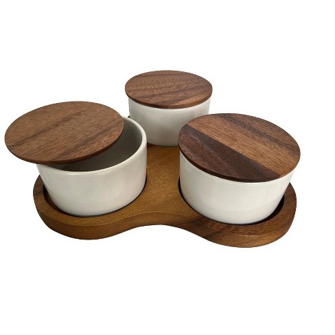 Kalmar Home Ceramic Condiment Set on Acacia Wood Base