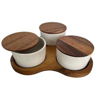 Kalmar Home Acacia WoodTriangular Serving Set with 3 White Ceramic Dishes