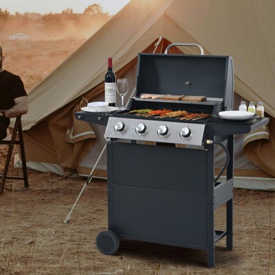 VisioGear Outdoor Grill with with Two Shelves, Lid, Wheels and Bottle Opener, Grill for Backyard, Black & Silver, 44.8"*13.3"*39.3"
