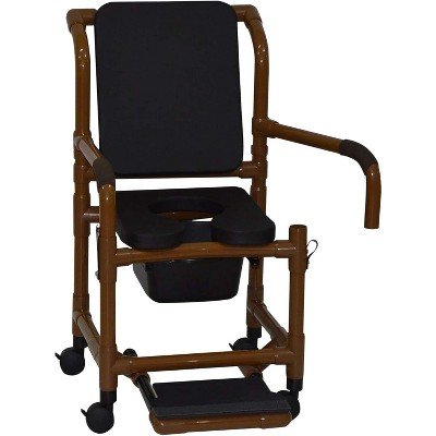 MJM International Corporation shower chair 18 in width 3 in BLACK seat cushion padded back sliding footrest dual arms 10 qt slide mode pail 300 lb wt