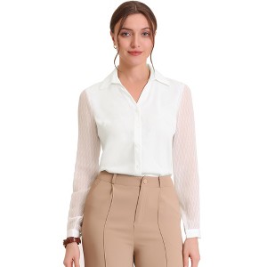 INSPIRE CHIC Women's Point Collar V Neck Mesh Sleeve Button Down Work Office Shirt - 1 of 4