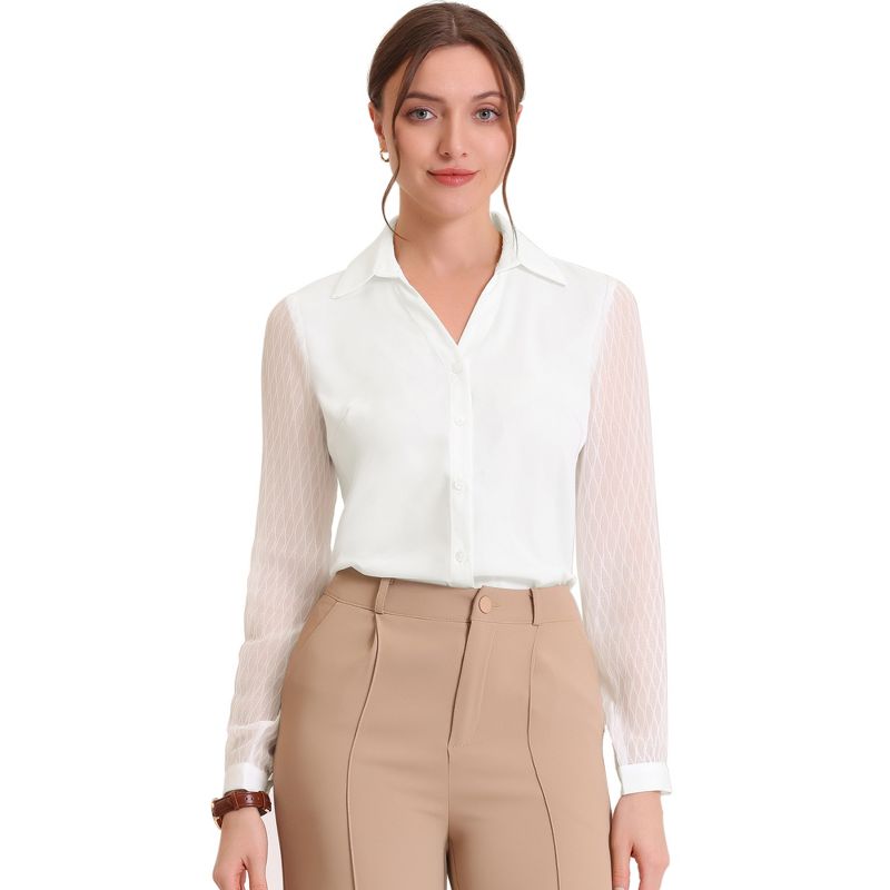 Allegra K Women's Point Collar V Neck Mesh Sleeve Button Down Work Office Shirt, 1 of 6