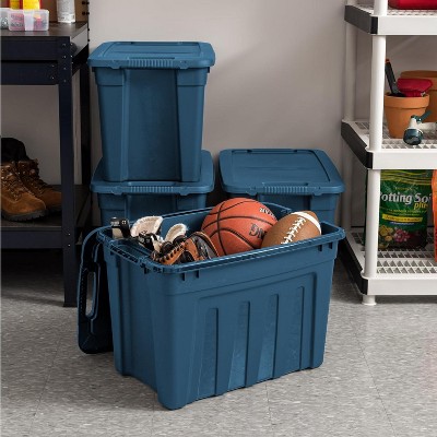Navy 20 Gallon Recycled Plastic Stackable Storage Totes with Lids, 4 Pack