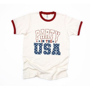 Simply Sage Market Women's Retro Party In The USA Stars Short Sleeve Ringer Tee - 1 of 3