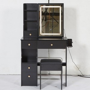 FONTOI Bedside Vanity Table with Cushioned Stool&Hair Dryer Bracket, Dresser with Mirror&Tri-color Switching for Bedroom, Black, 12.6"*50.4"*29.2" - 1 of 4
