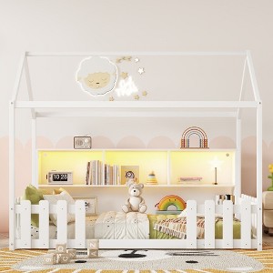 Okak Playhouse Floor Bed Twin Size with Guardrails,Kids Cottage Bed with Storage Bookshelf, Wooden House Bed Frame - 1 of 4
