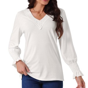 Seta T Women's V Neck Long Sleeve Smocked Cuff Casual Fall Winter Fashion T-Shirt - 1 of 4