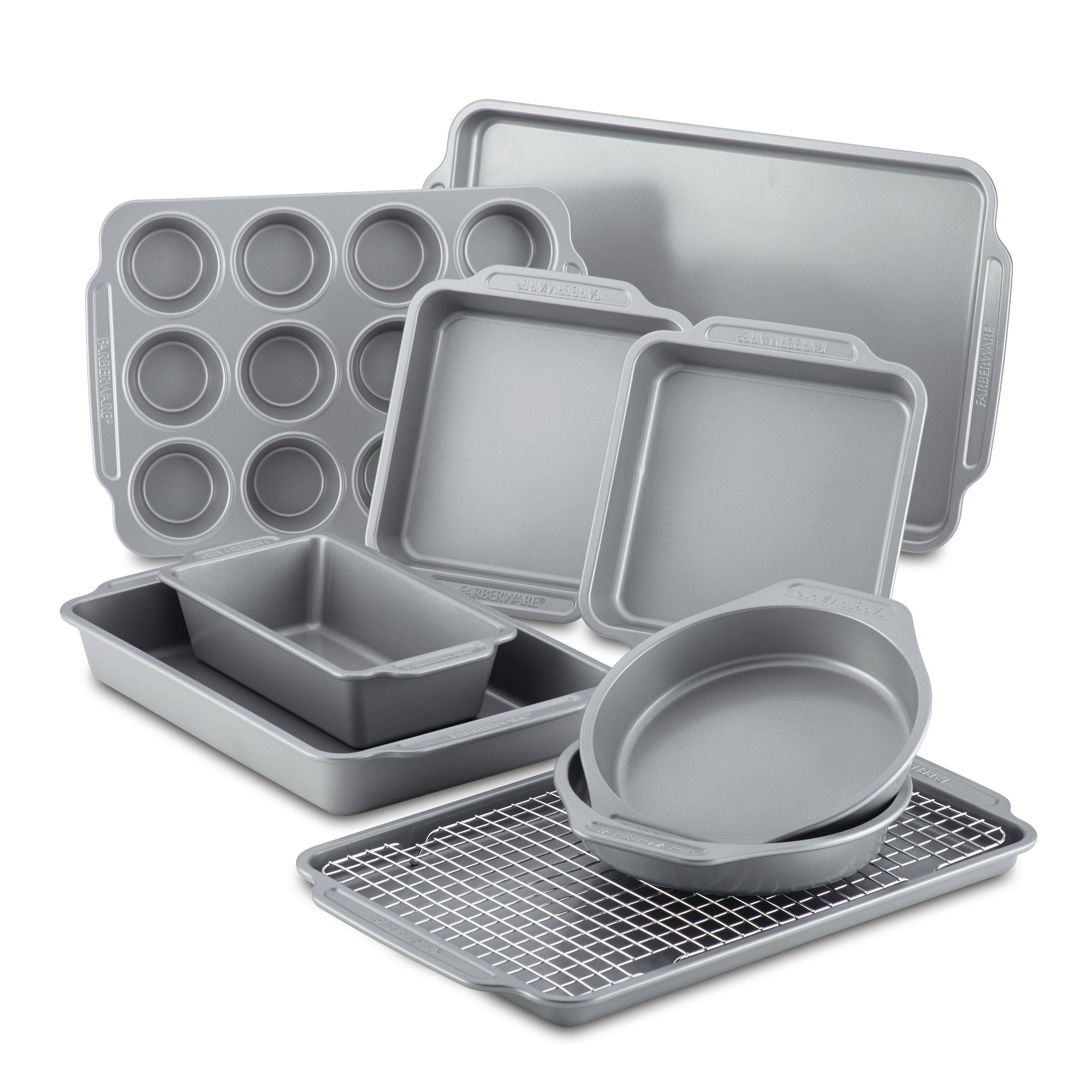 Farberware 10pc Nonstick Bakeware Set Gray: Steel Baking Pans, Even-Heating, Oven & Dishwasher Safe