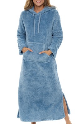 ADR Women's Warm Fleece Nightgown, Oversized Hoodie, Long Hooded Sweatshirt Robe