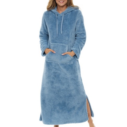 Womens Zip Up Robe Nightgown Long Hooded Sweatshirt Bathrobe Long Sleeve  Housecoat Lounger With Pockets 