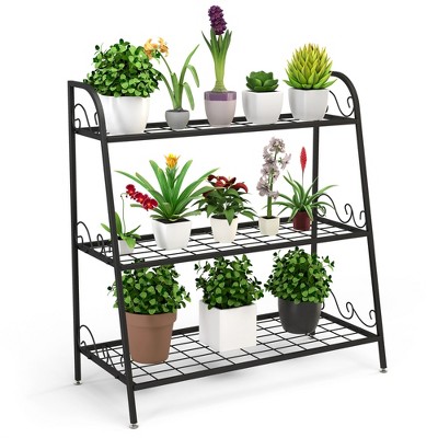 Black Steel 3-Tier Plant Stand with Adjustable Footpads