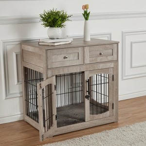Dog Crate Furniture, with 2 Drawers,3 Doors, 31.5 FT Dog Furniture Crate Table, Indoor Dog Kennel,Dog House, Grey - 1 of 4
