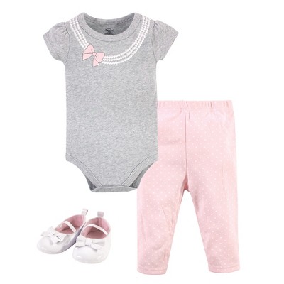 Little Treasure Baby Girls Cotton Bodysuit, Pant and Shoe 3pc Set, Gray Pink Pearls