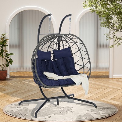 Hanging Wicker Woven 2 Person Egg Swing Chair With Cushions And Stand,Indoor Outdoor Wicker Basket Hammock Chair For Patio,Bedroom-Coolbibila