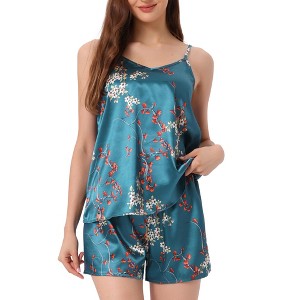 cheibear Women's Sleeveless Cami Shirt with Shorts Satin Nightwear Sleepwear Pajama Sets - 1 of 4
