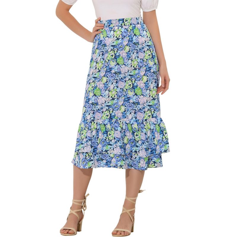 Allegra K Women's Chiffon Elastic Waist Ruffle Tiered Flowy Midi Printed Skirts, 1 of 8
