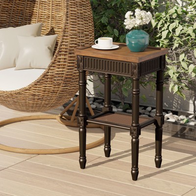JIONJOY End Table with Wicker Shelf - Rustic Square Side Table with Espresso Tray Top