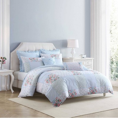 Hope Patchwork Blue and Pink Cotton 7-Piece Duvet Cover Set