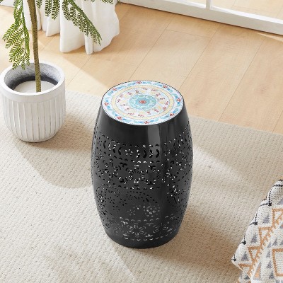 CAVINAS Flower Patten Ceramic Tile Outdoor Patio End Table,Waterproof Small Side Table for Patio,Garden,Balcony
