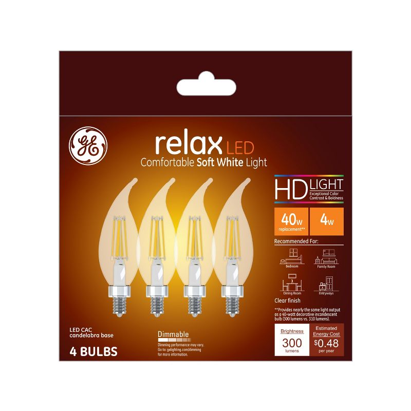GE 4pk 4W 40W Equivalent Relax LED Decorative HD Light Bulbs Soft White, 1 of 4