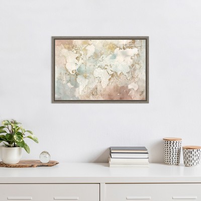 Blushing World Map Framed Canvas Print in Beige and Pink