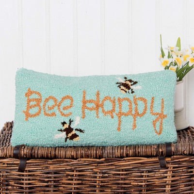 Bee Happy Green Embroidered Rectangular Throw Pillow