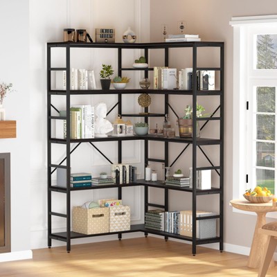 Homhougo 5 Tier Corner Bookshelf, Industrial Bookshelves, L Shape Tall Bookcase Black