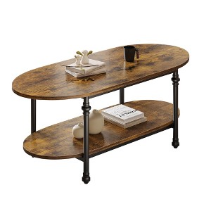 Oval Coffee Table, 2-Tiered Center Table with Open Storage, Modern Industrial Side Table, Wooden Cocktail Table with Metal Frame - 1 of 4