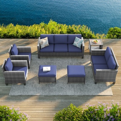 Sonkuki 7 Pieces PE Rattan Furniture Set with Side Table, Patio Chair with Cushion, Ottomans for Lawn, Light Gray