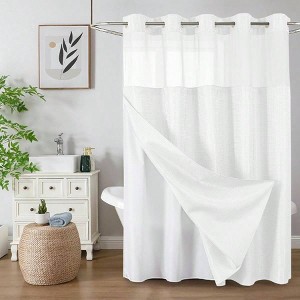 No Hook Shower Curtain with Snap in Fabric Liner Waffle Weave Heavy Duty Thick Waterproof Bathroom Curtain Set - 1 of 4