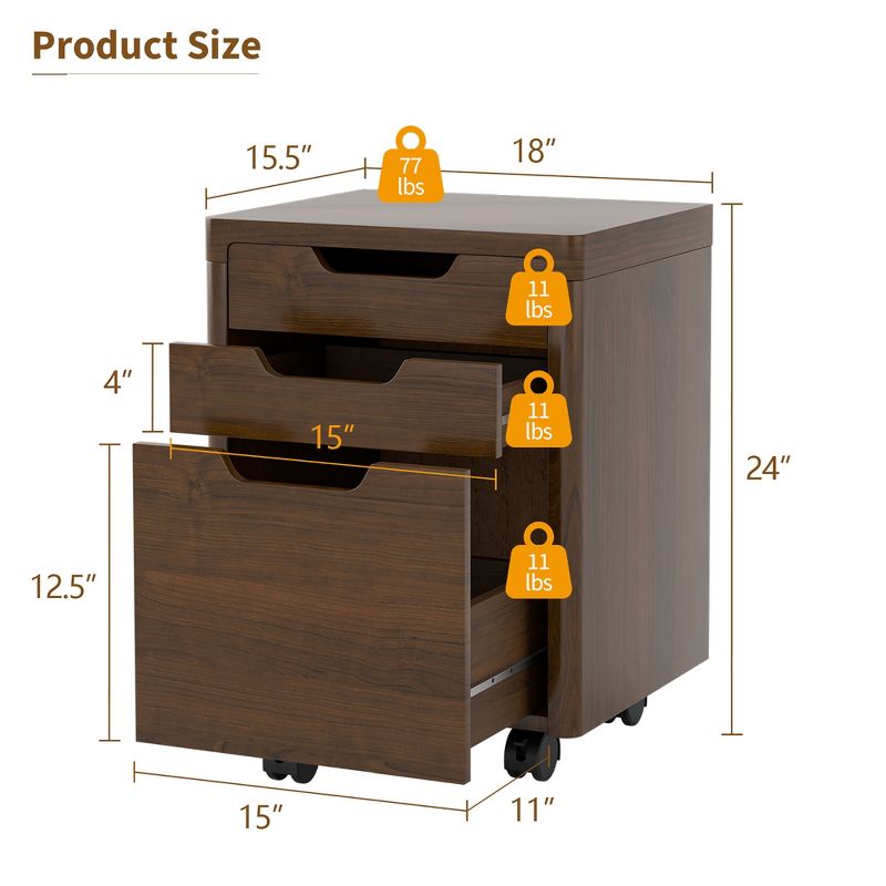 Costway 3 Drawer Rolling File Cabinet w/ Wheels Vertical Printer Stand Walnut, 3 of 11