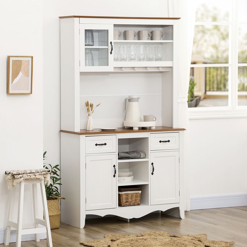 HOMCOM 71" Kitchen Buffet with Hutch, Farmhouse Style Storage Pantry with 2 Drawers, 3 Door Cabinets and 3 Shelves, White, 3 of 7