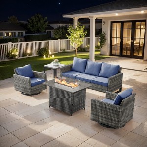 Buenhomino 5-Piece Patio Furniture Set with Fire Pit,Wicker Outdoor Swivel Rocker Chairs Patio Sofa for Backyard,Poolside,Deck,Gray Wicker - 1 of 4