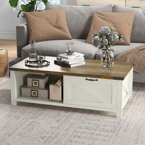 CAVINAS Farmhouse Coffee Table with Storage, Rustic Coffee Table with Open Shelves, Modern Center Table for Living Room, White+Deep Walnut - 1 of 4