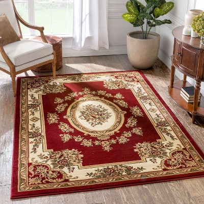 Red and Ivory Synthetic Floral Medallion 5' x 7' Area Rug