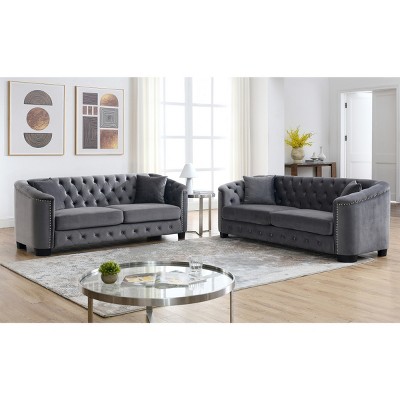 Set of 2 Luxury Chesterfield Velvet Sofa,77" 3-Seater Tufted Couch with Nailhead Trim for Living Room,Apartment-Baofuwish