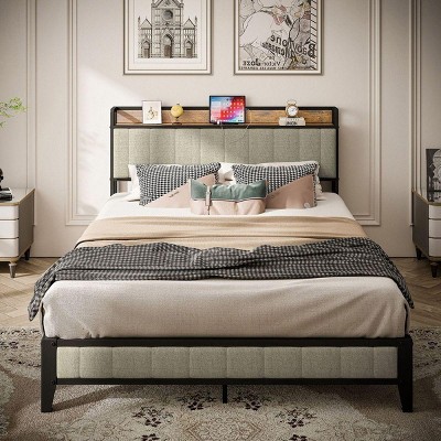 Streamdale Queen Size Bed Frame with Charging Station, Upholstered Headboard, Metal Platform, Grey