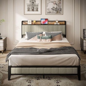 Streamdale Queen Size Bed Frame with Charging Station, Upholstered Headboard, Metal Platform, Grey - 1 of 4