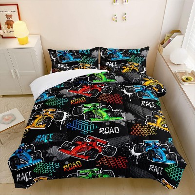Hachikiko Child's Cartoon Racing Car Comforter Set - 3PCS (1 Comforter + 2 Pillowcases), Ultra-Soft Microfiber for Boys/Teens,Twin Size
