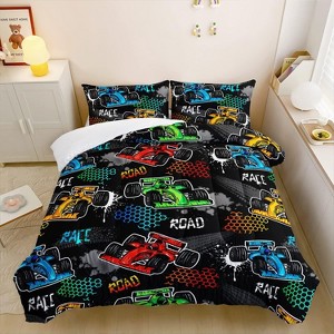 Hachikiko Child's Cartoon Racing Car Comforter Set - 3PCS (1 Comforter + 2 Pillowcases), Ultra-Soft Microfiber for Boys/Teens,Twin Size - 1 of 4