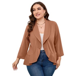 Women's Ruffled Hem Blazer Cardigan, Single-Button Lapel Jacket with 3/4 Sleeves for Casual & Office Wear - 1 of 4